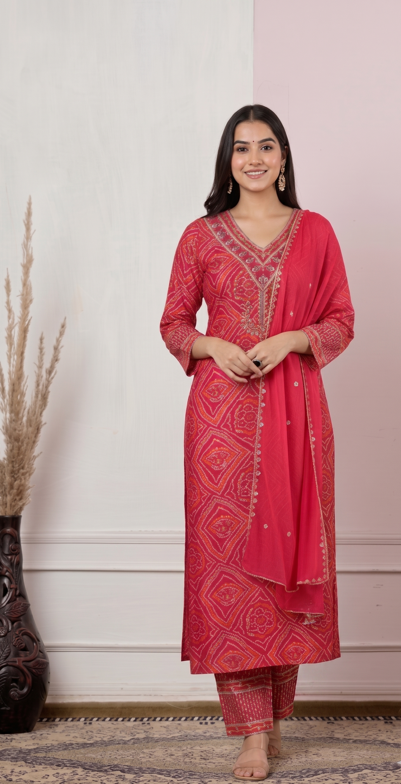Crimson Red Bandhani-Print Suit Set