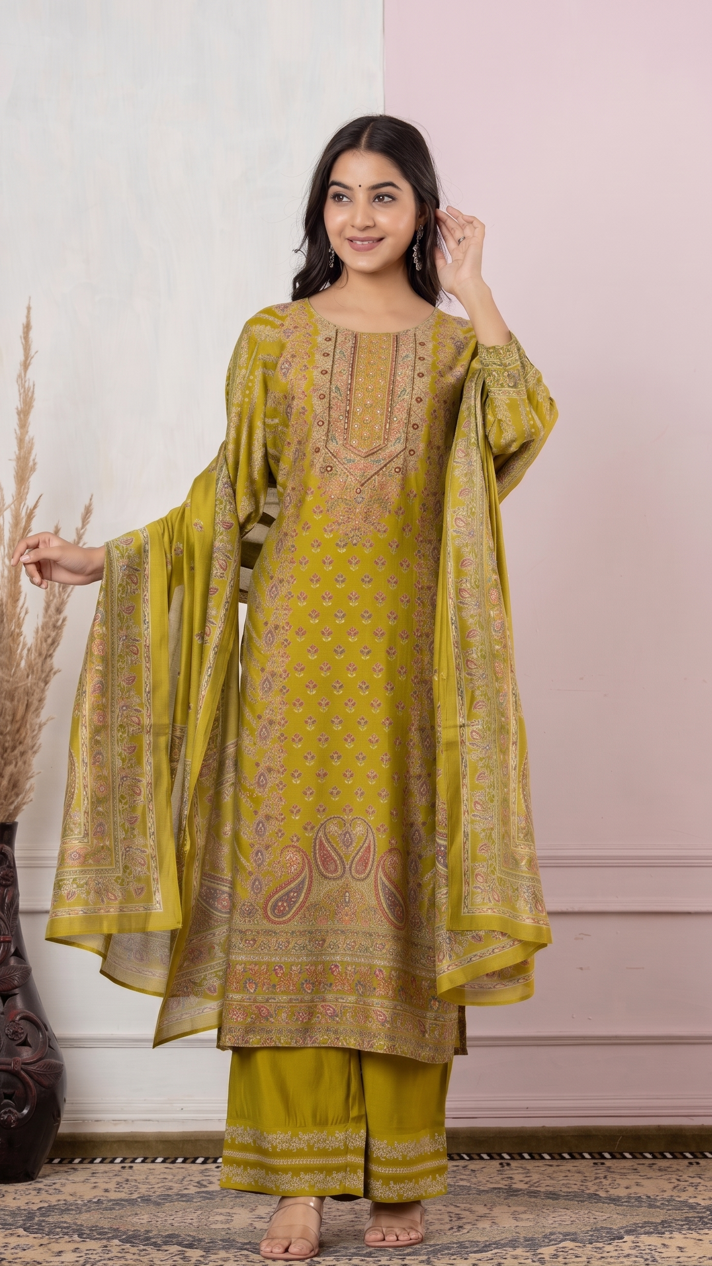 Olive Green Printed Straight Kurta Set