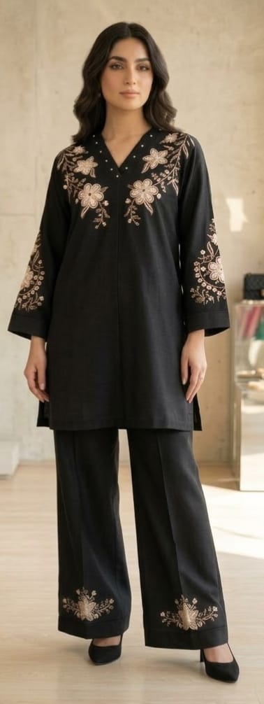 Black Floral Embroidered Co-ord Set
