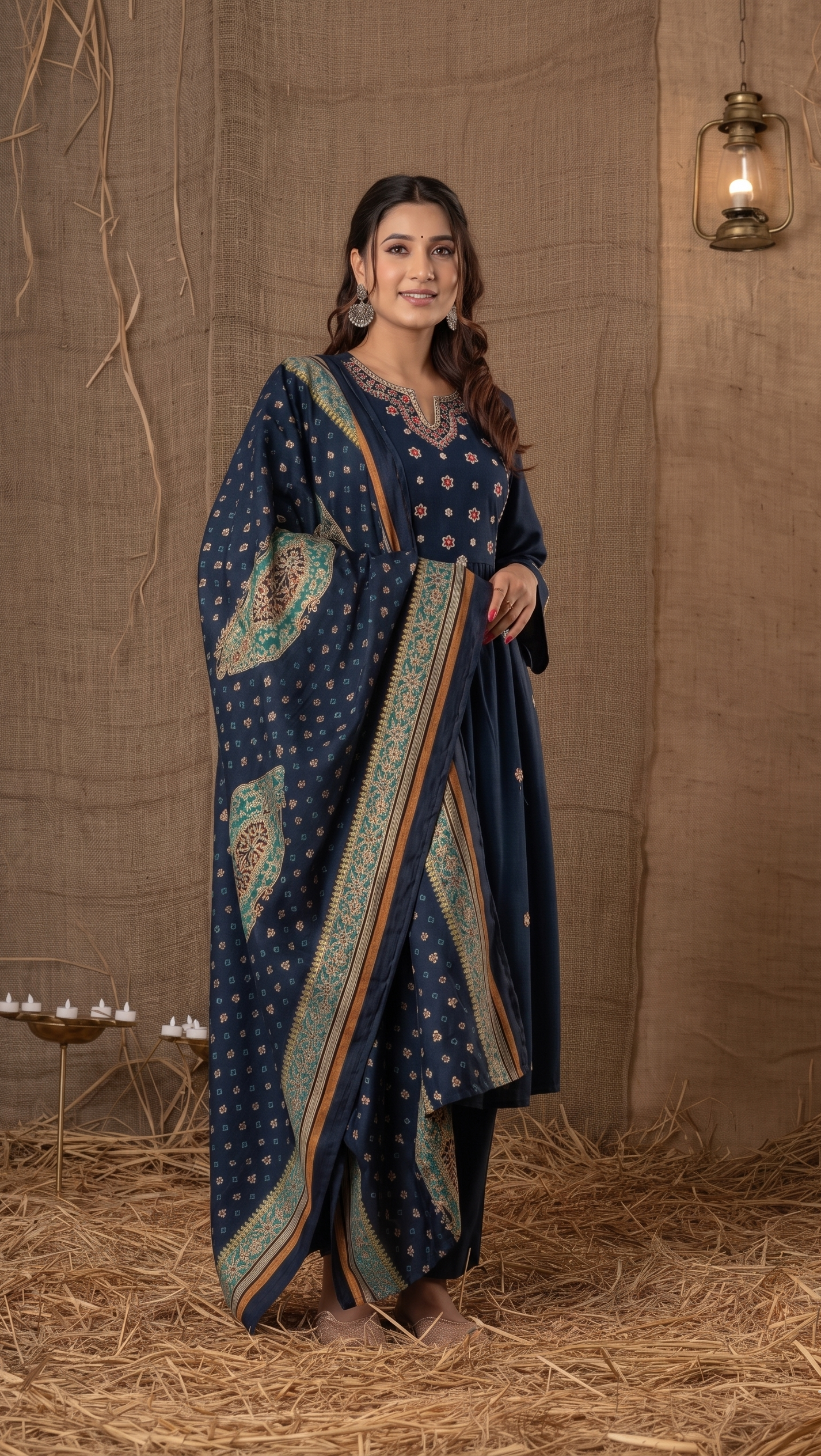 Navy Blue Embroidered A-Line Suit Set