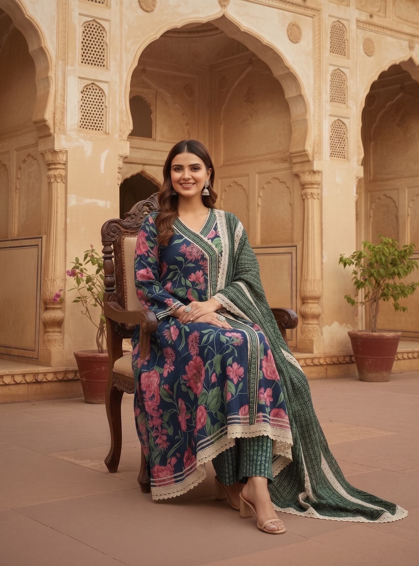 Navy Blue Floral Anarkali Suit Set
