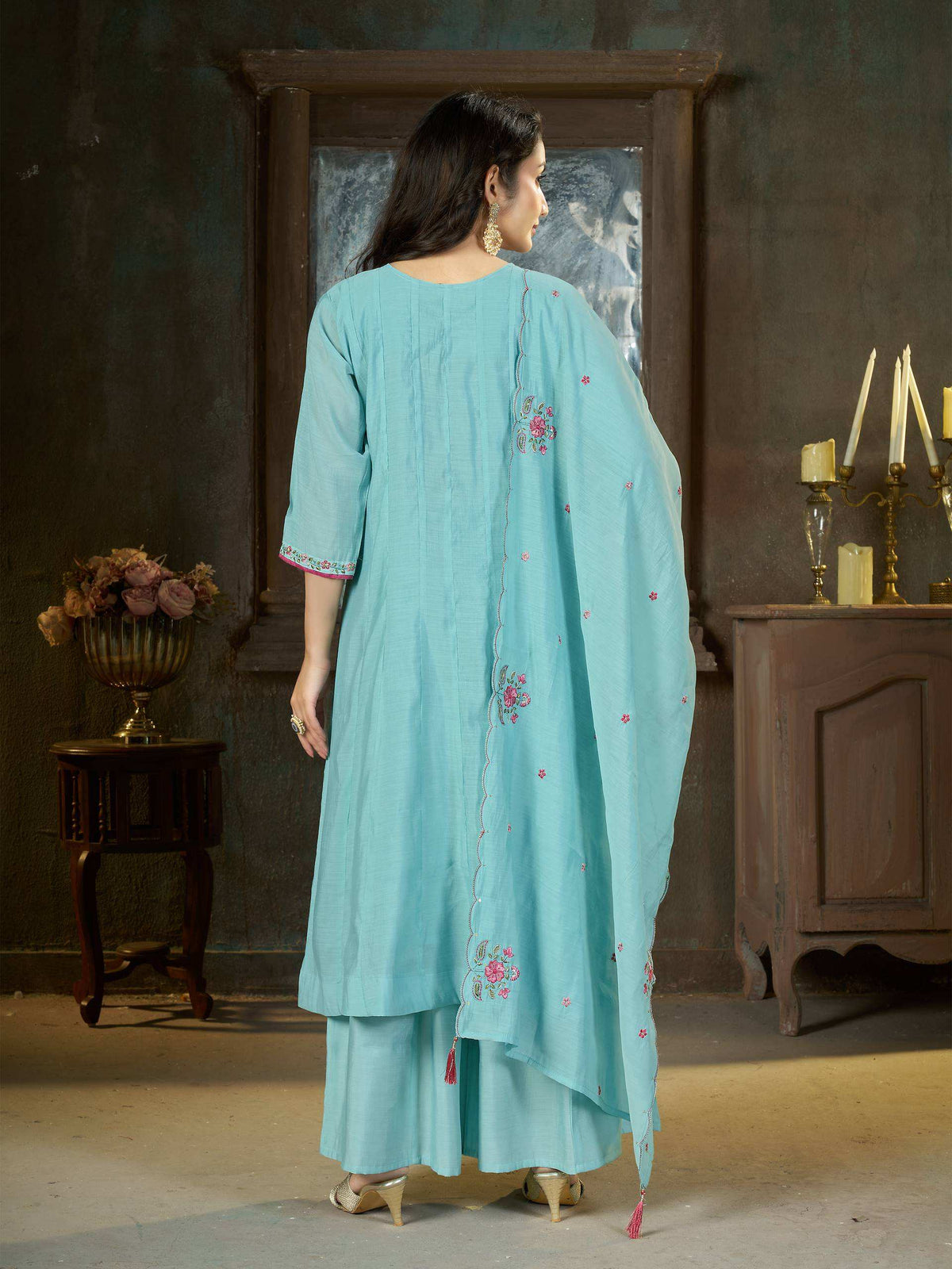 Aqua Blue Floral Embroidered Anarkali Suit Set