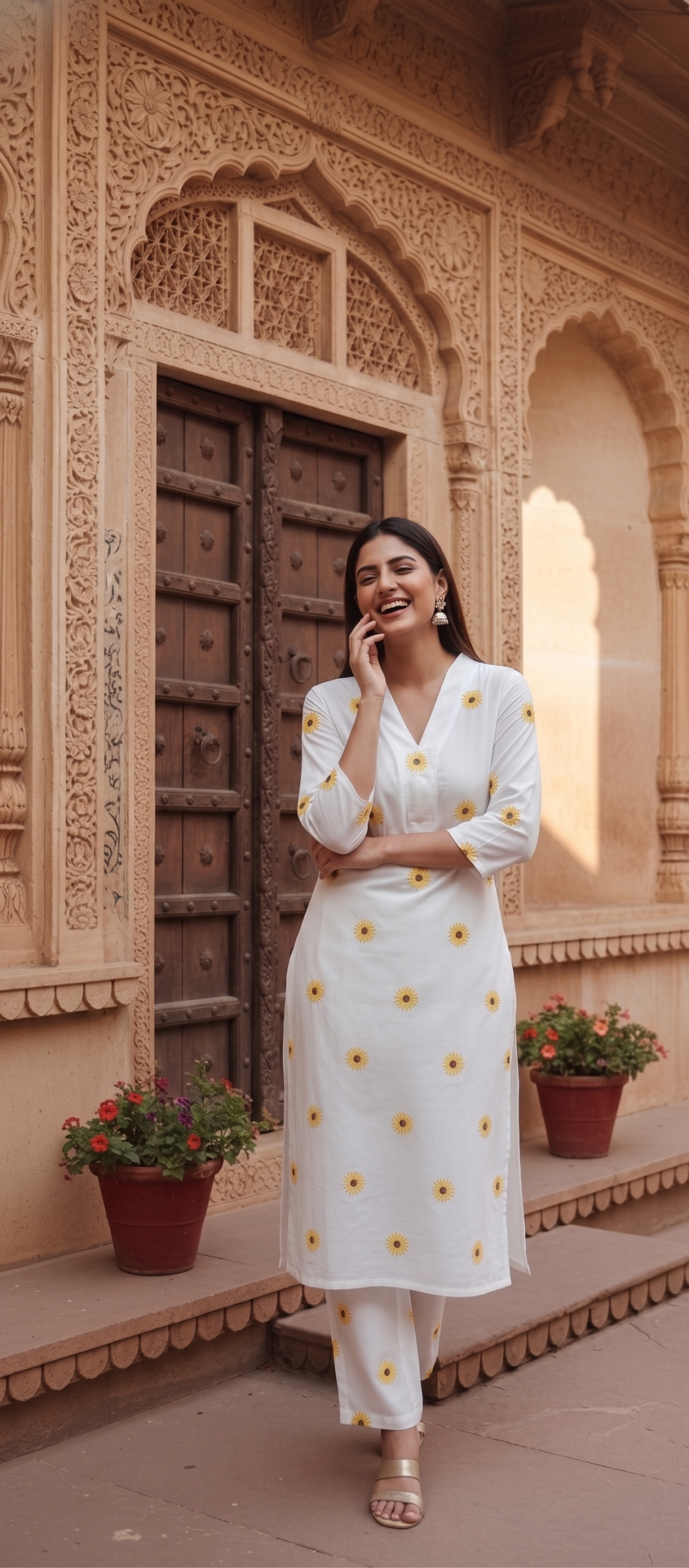 Elegant White Sunflower Printed Kurti