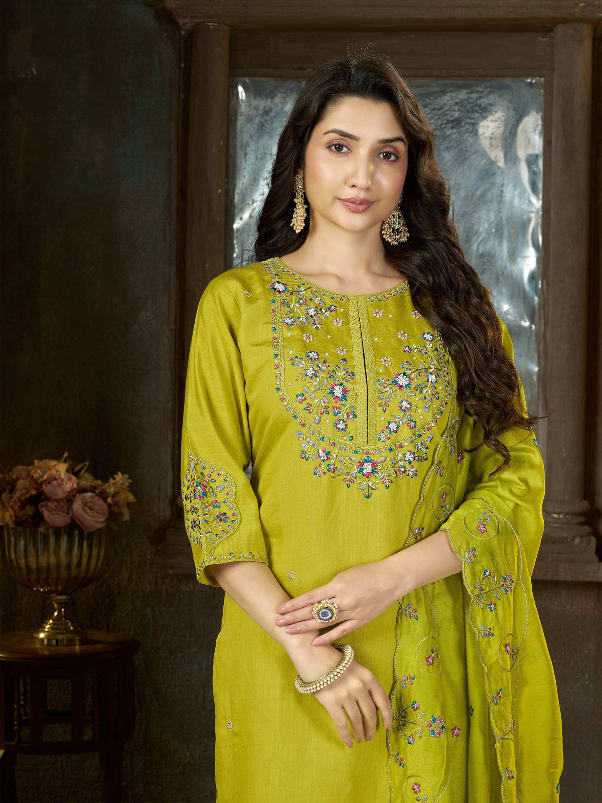 Lime Green Embroidered Straight Suit Set