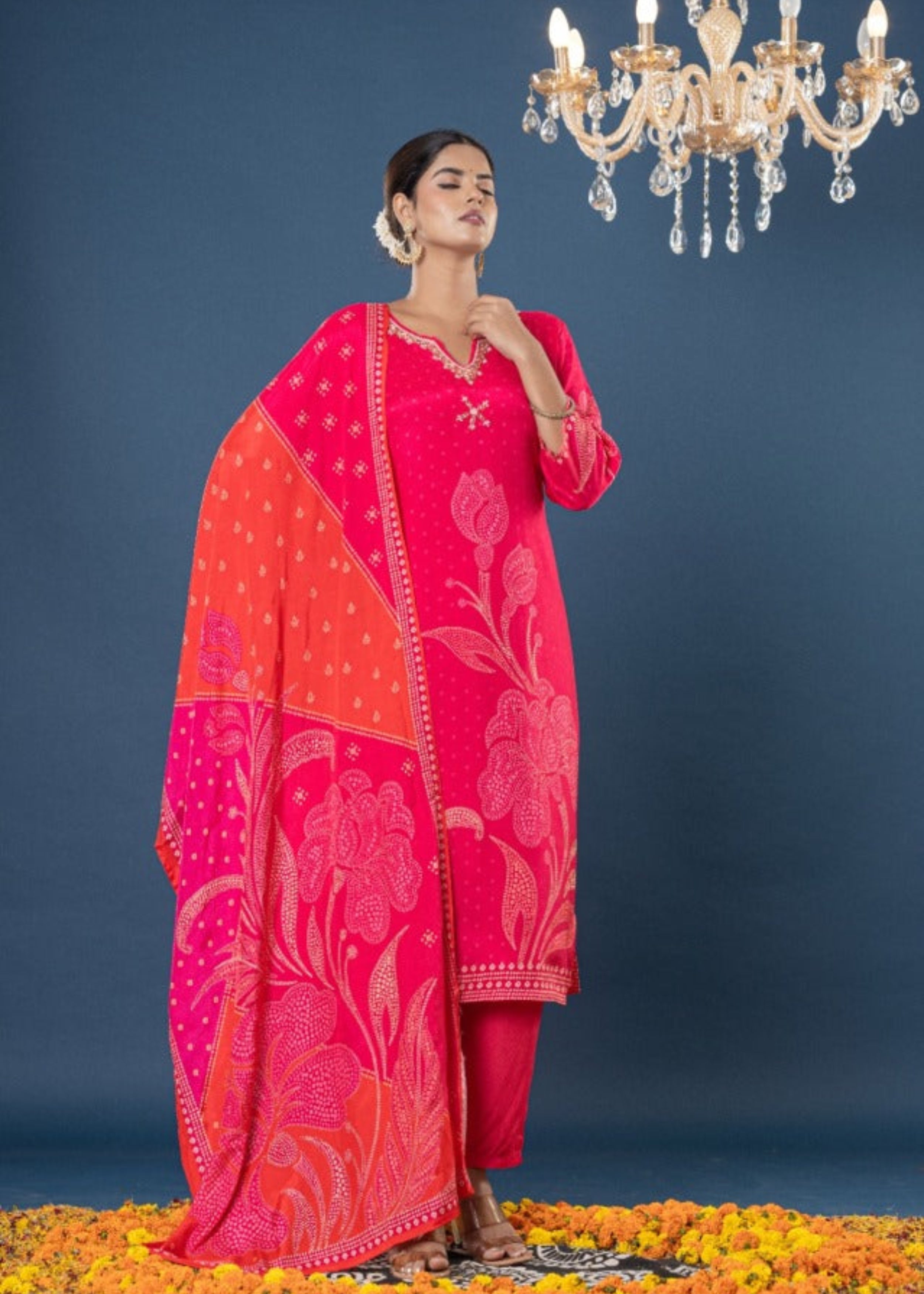Vibrant Rani Pink & Bandhani-Style Suit Set