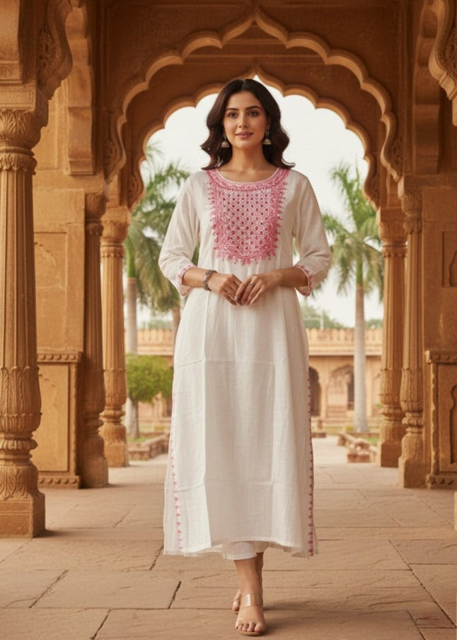 White Pure Cotton Kurti With Mirror Work