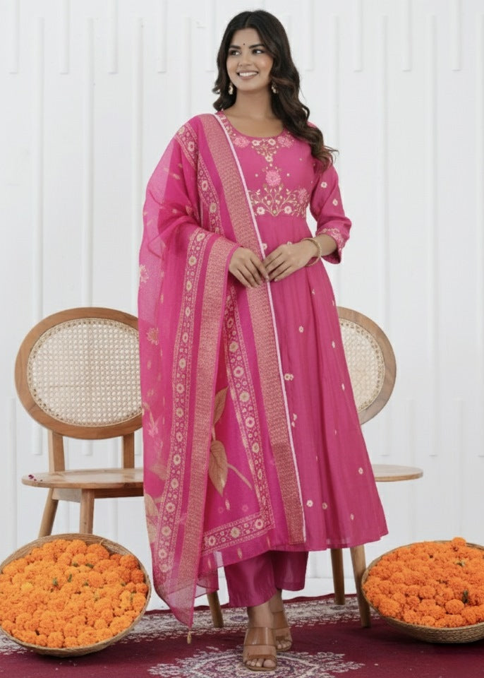 Rosy Pink Embroidered A-Line Suit Set
