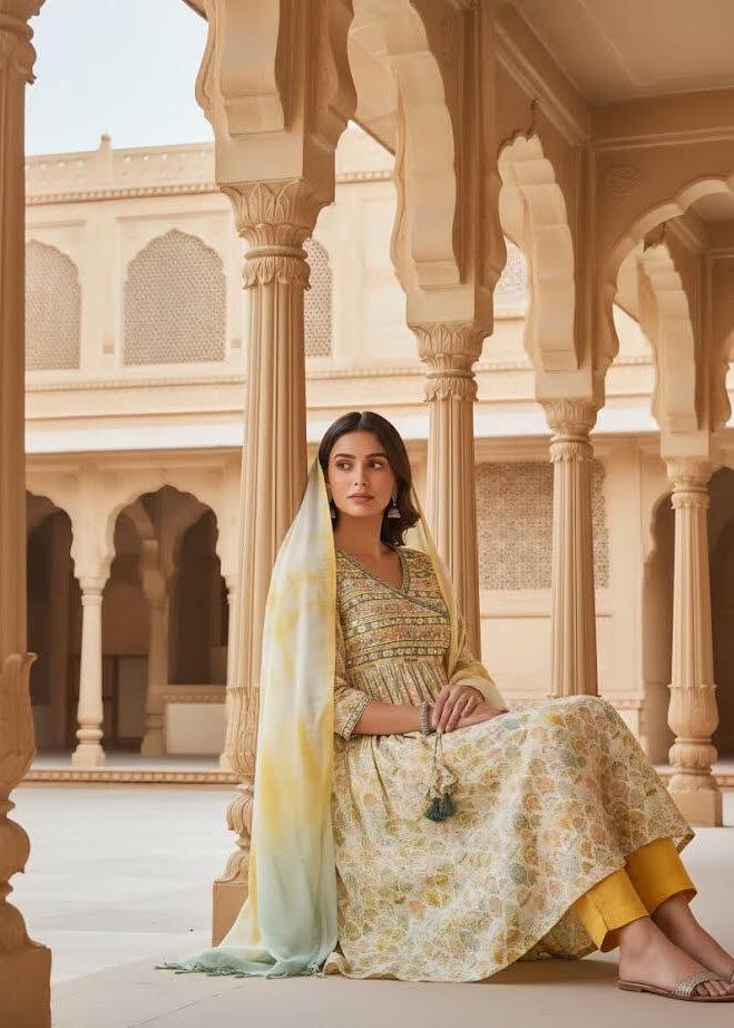 Yellow Floral Angrakha Anarkali Perfect Summer-Spring Style In Modal Fabric