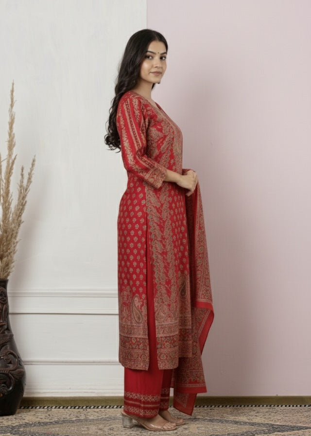 Red Printed Straight Kurta Set