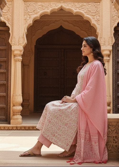 Off-White & Coral Embroidered Kurti