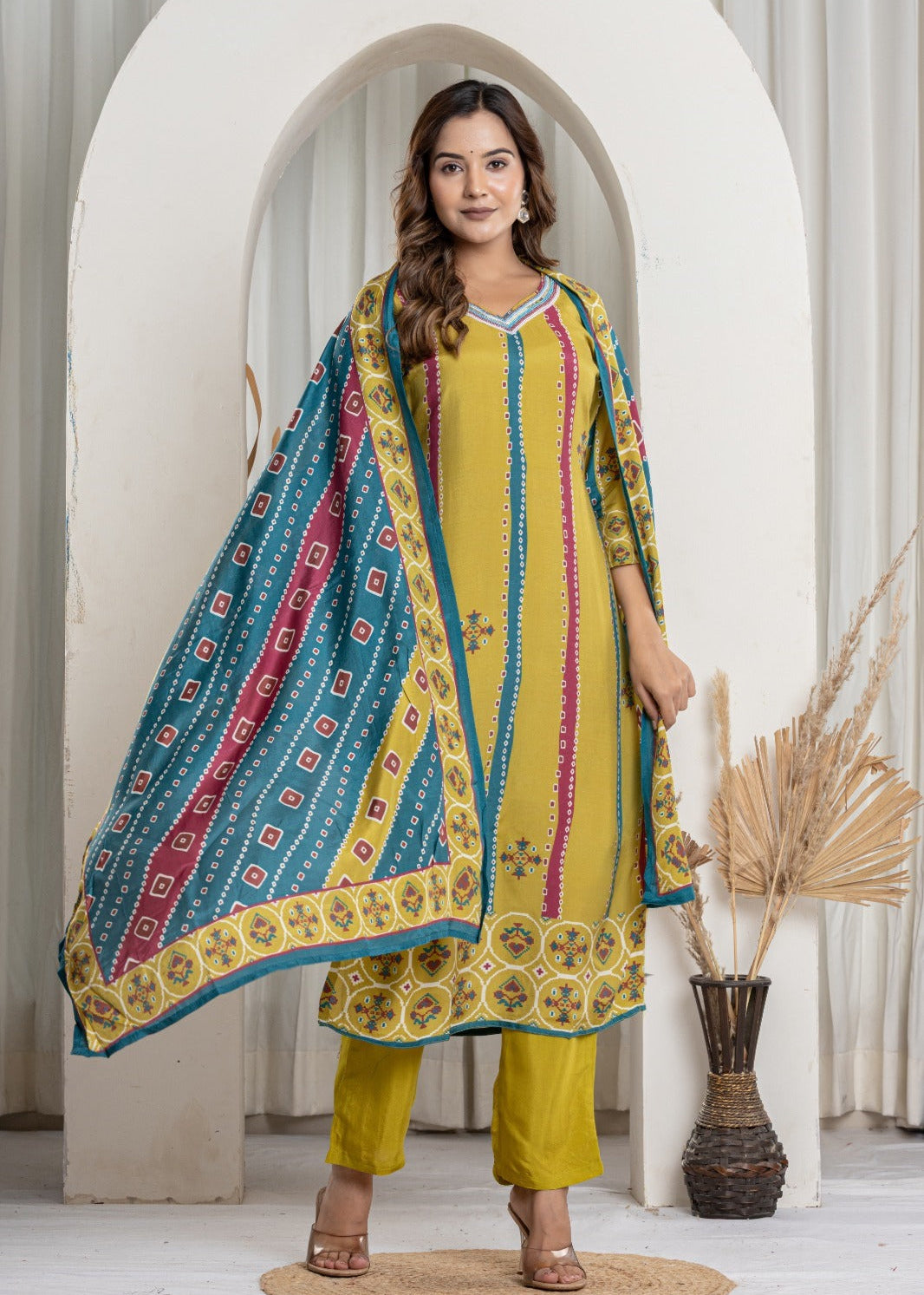Olive Green With Multi-Colour Straight Kurta Suit Set