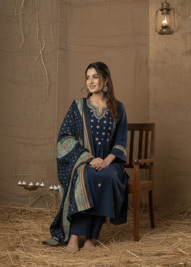 Navy Blue Embroidered A-Line Suit Set