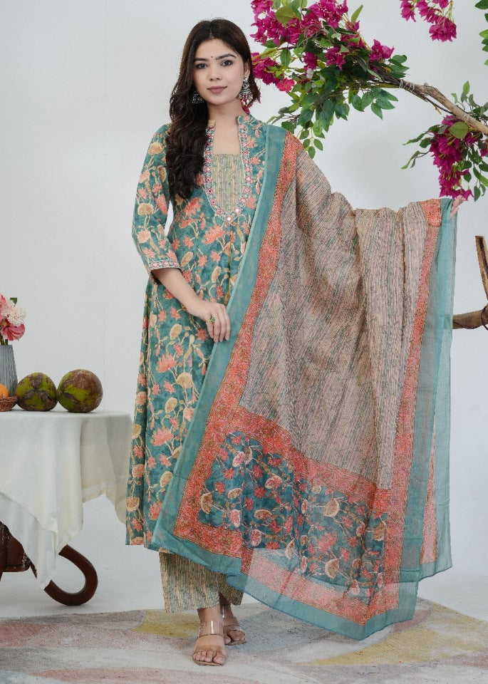 Teal & Peach Floral Printed A- Line Suit Set