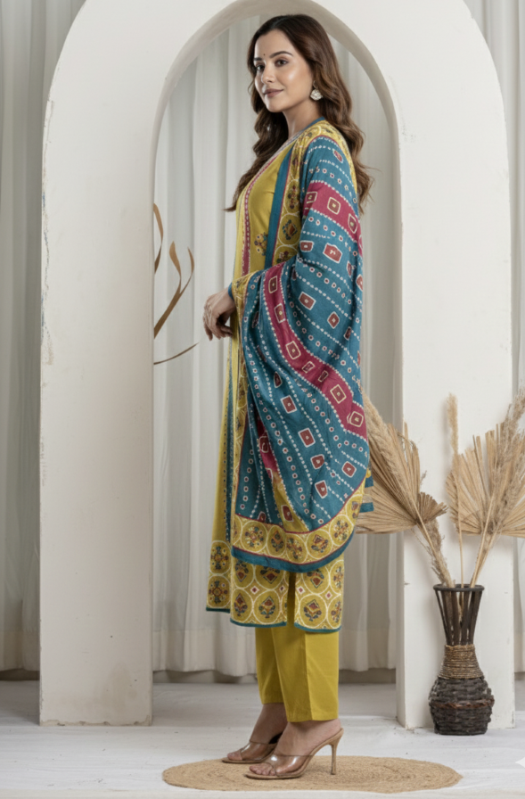 Olive Green With Multi-Colour Straight Kurta Suit Set