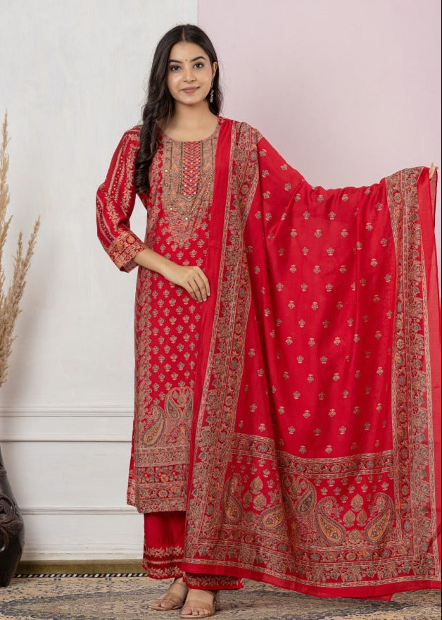 Red Printed Straight Kurta Set