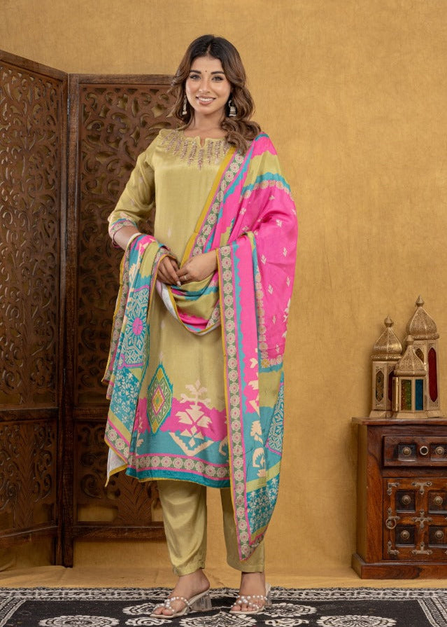 Vibrant Olive Green & Multi-Colour Printed Suit Set