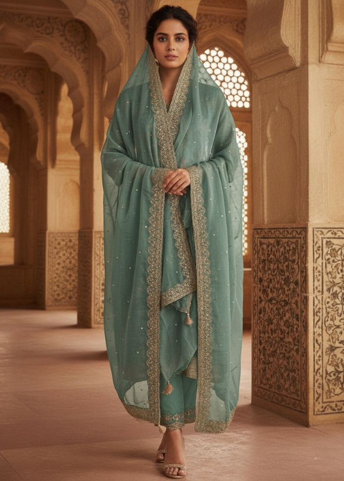 Teal Green Paisley Embroidered Kurti Set