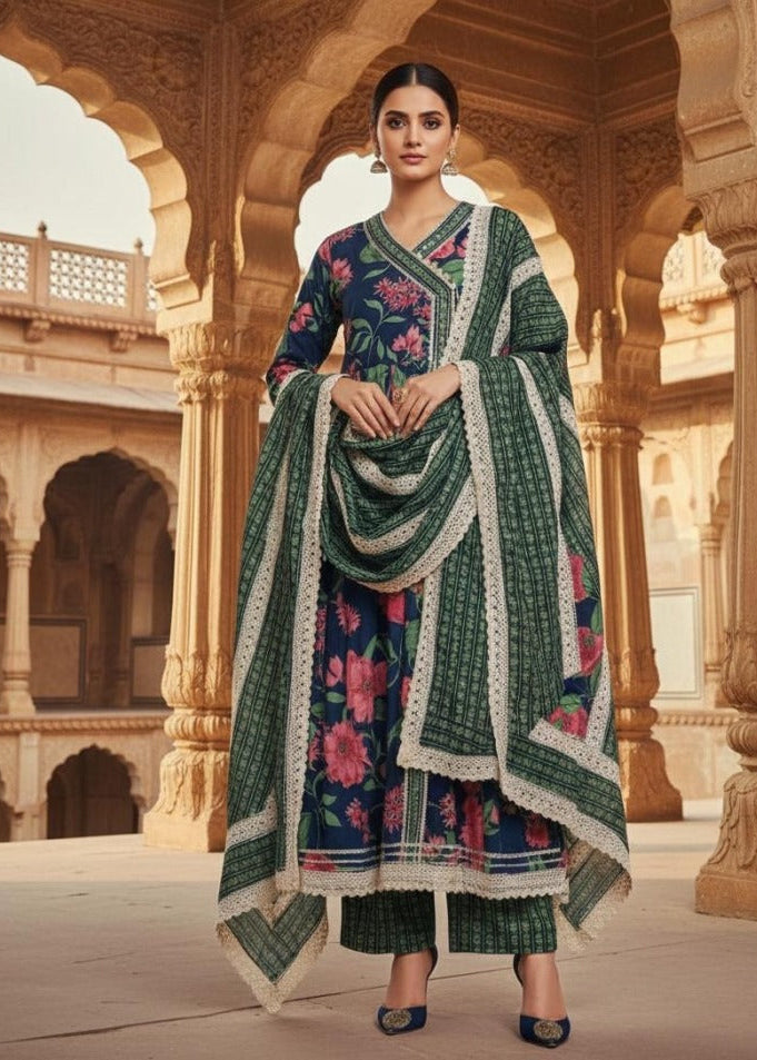 Navy Blue Floral Anarkali Suit Set