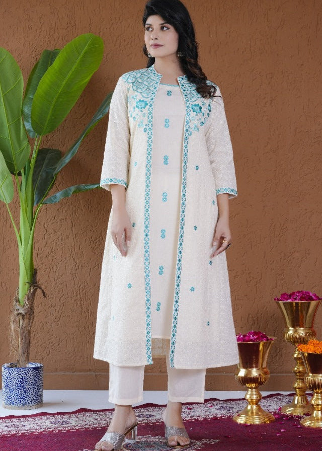 Ivory & Aqua Embroidered Suit Set With Jacket