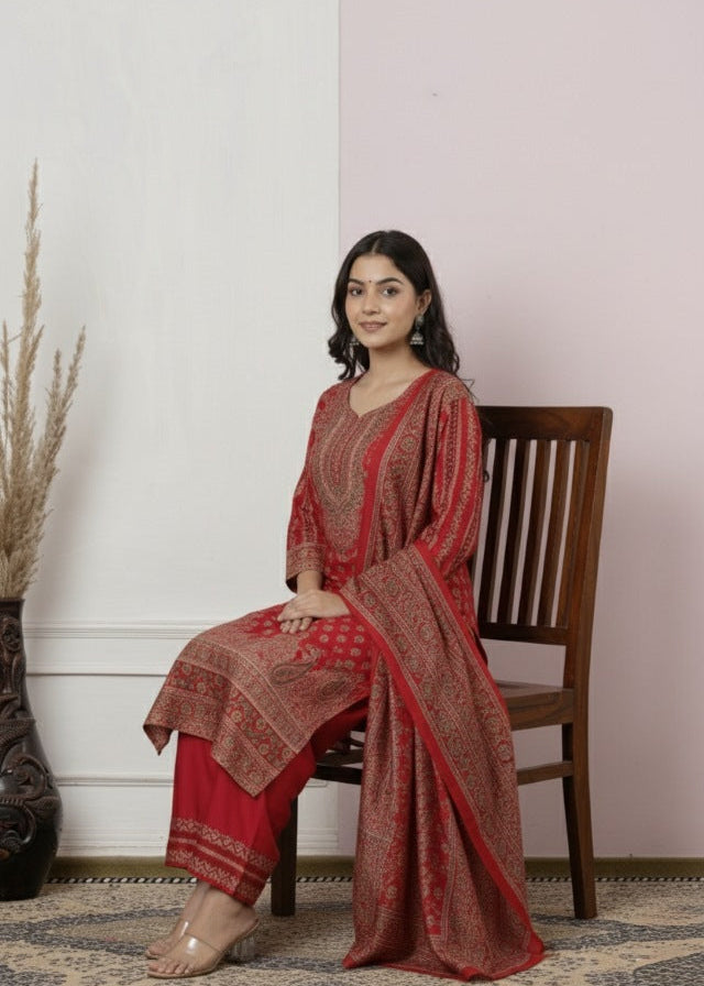 Red Printed Straight Kurta Set