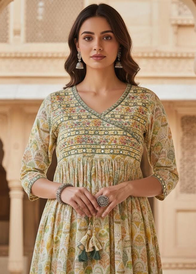 Yellow Floral Angrakha Anarkali Perfect Summer-Spring Style In Modal Fabric