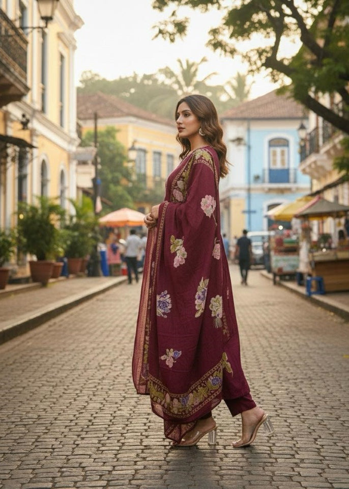 Deep Plum Grace Floral Embroidered Suit Set