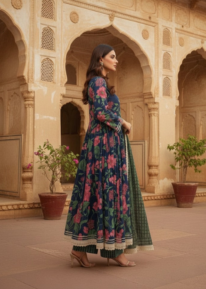 Navy Blue Floral Anarkali Suit Set