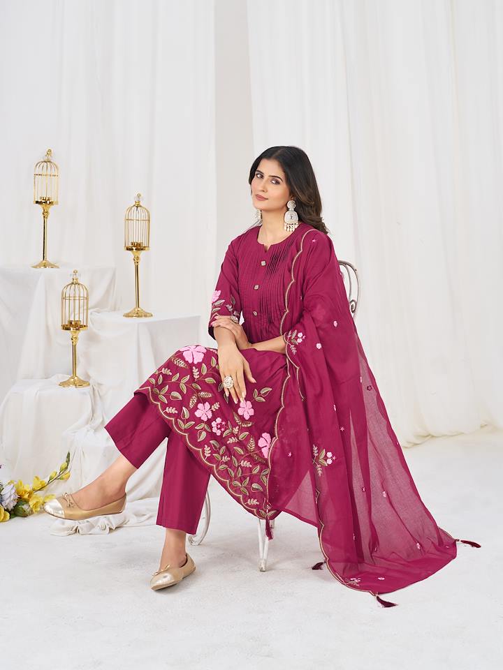 Magenta Floral Embroidered Anarkali Kurta Set