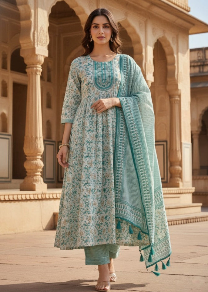 Teal Bloom Embroidered Kurti