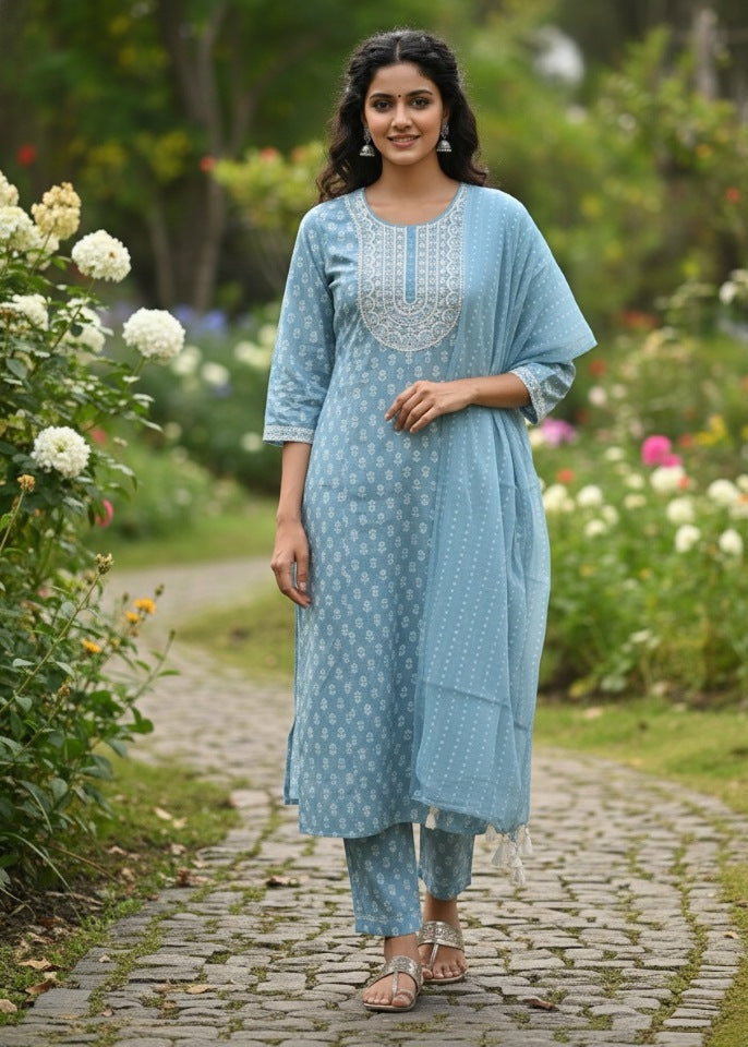 Sky Blue Floral Embroidered Kurti Set