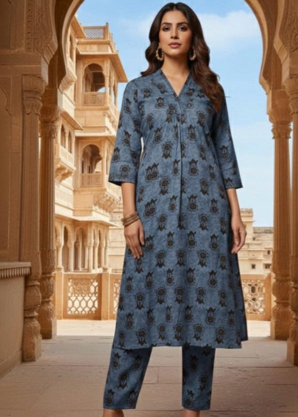 Slate Blue Tribal Printed Sequin Kurti