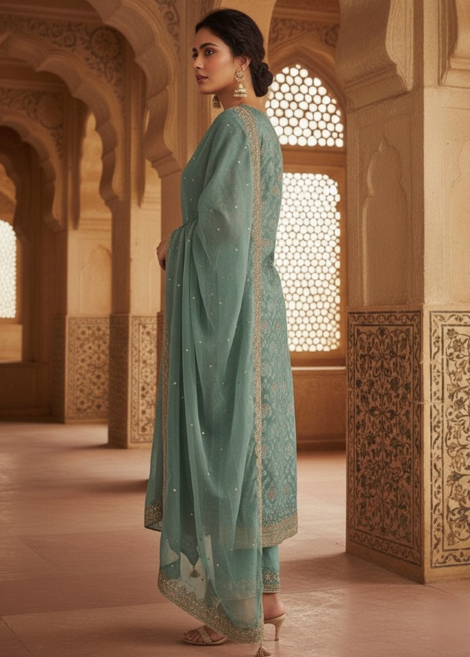 Teal Green Paisley Embroidered Kurti Set