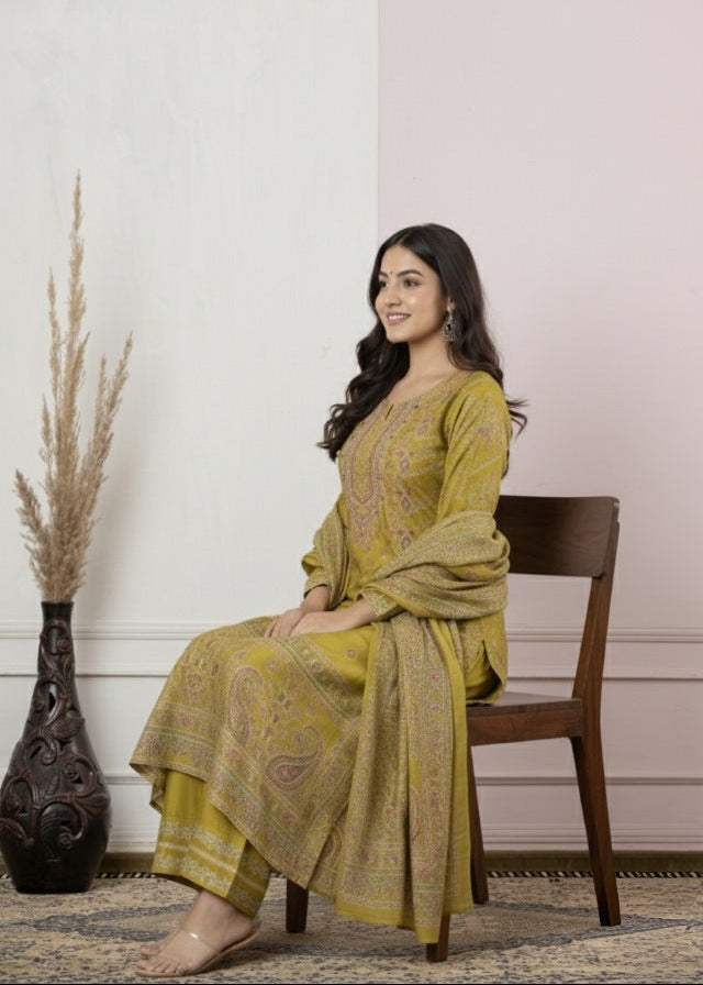 Olive Green Printed Straight Kurta Set