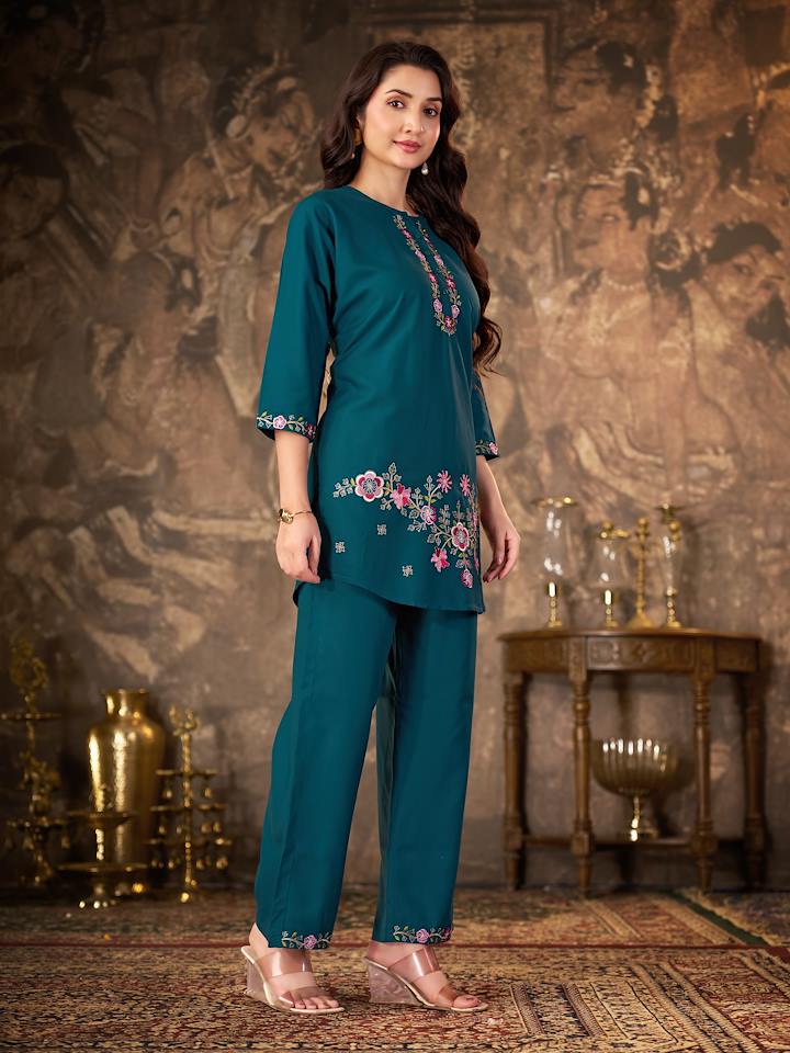 Teal Green Floral Embroidered Co-ord Set