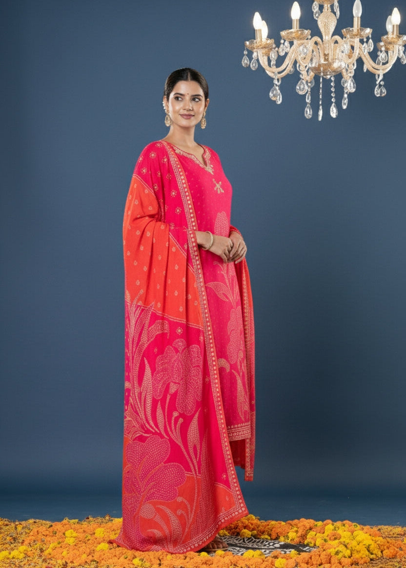 Vibrant Rani Pink & Bandhani-Style Suit Set