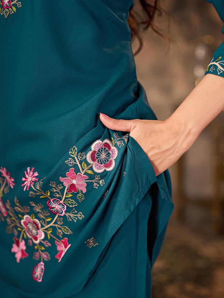 Teal Green Floral Embroidered Co-ord Set