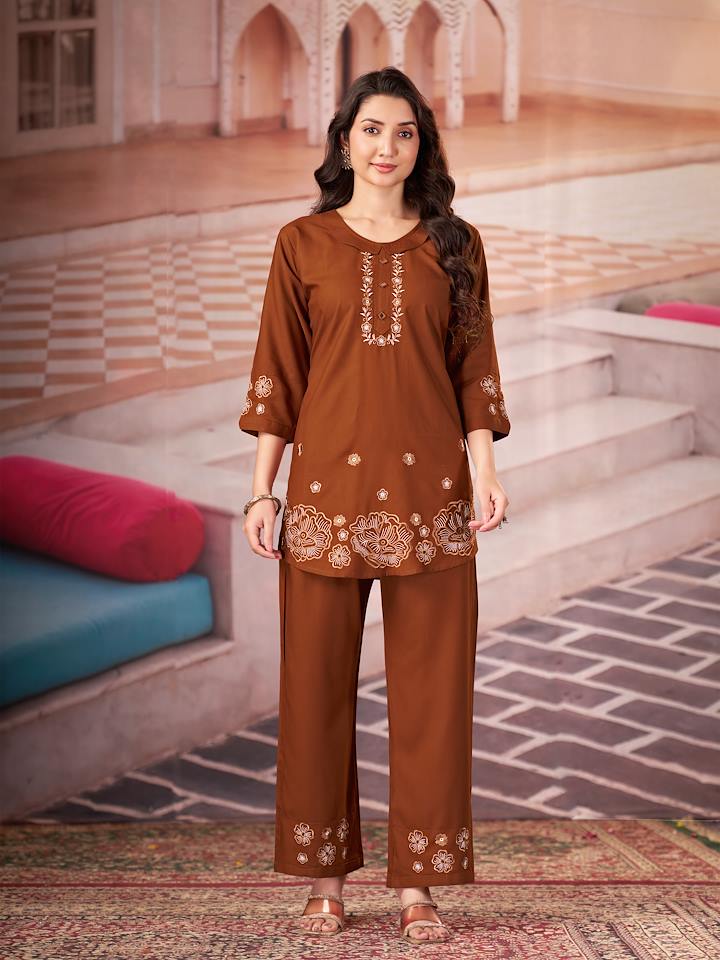 Rust Brown Floral Embroidered Co-ord Set
