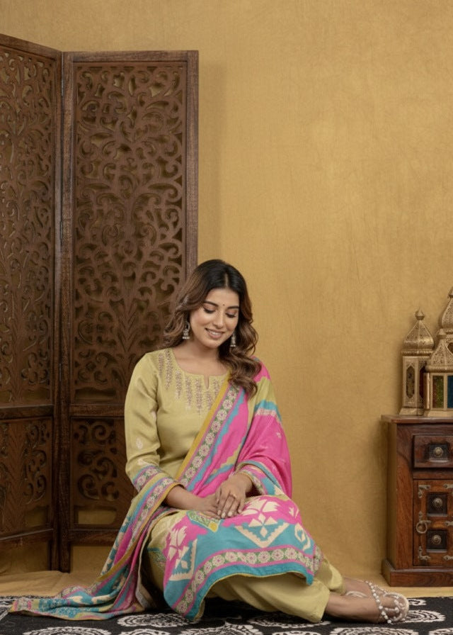 Vibrant Olive Green & Multi-Colour Printed Suit Set