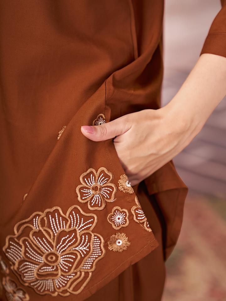 Rust Brown Floral Embroidered Co-ord Set