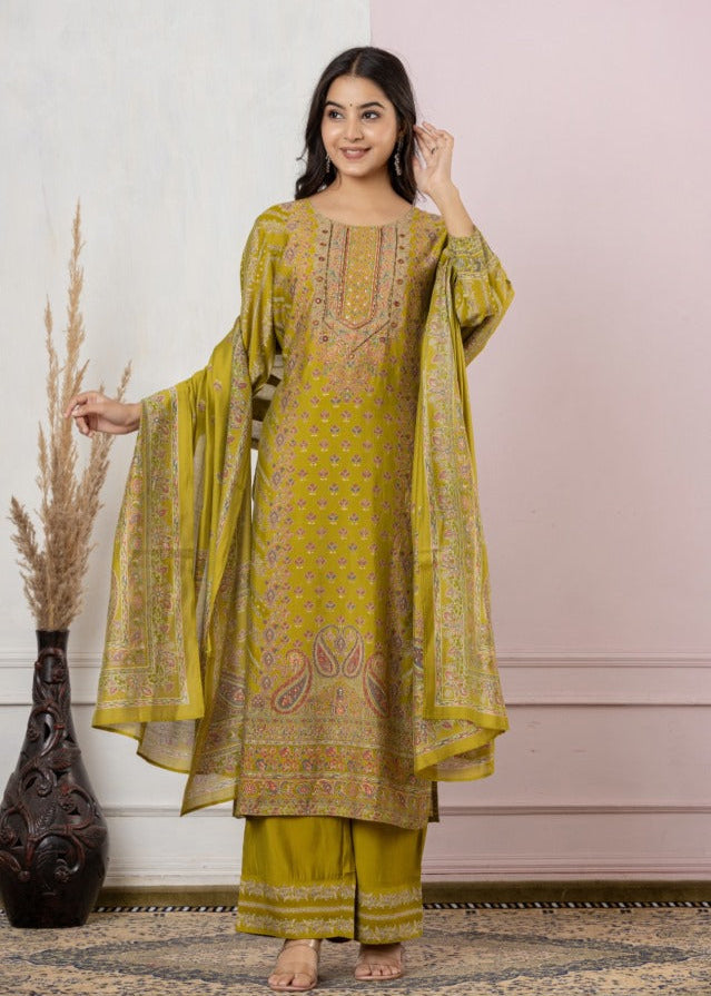 Olive Green Printed Straight Kurta Set