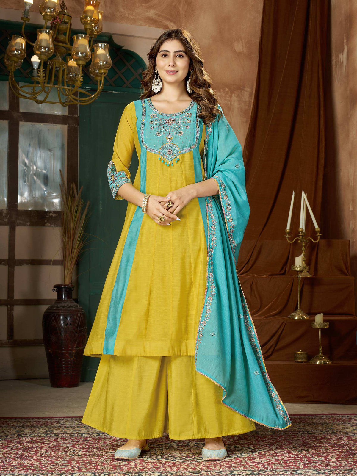 Mustard Yellow & Turquoise Embroidered Palazzo Suit Set