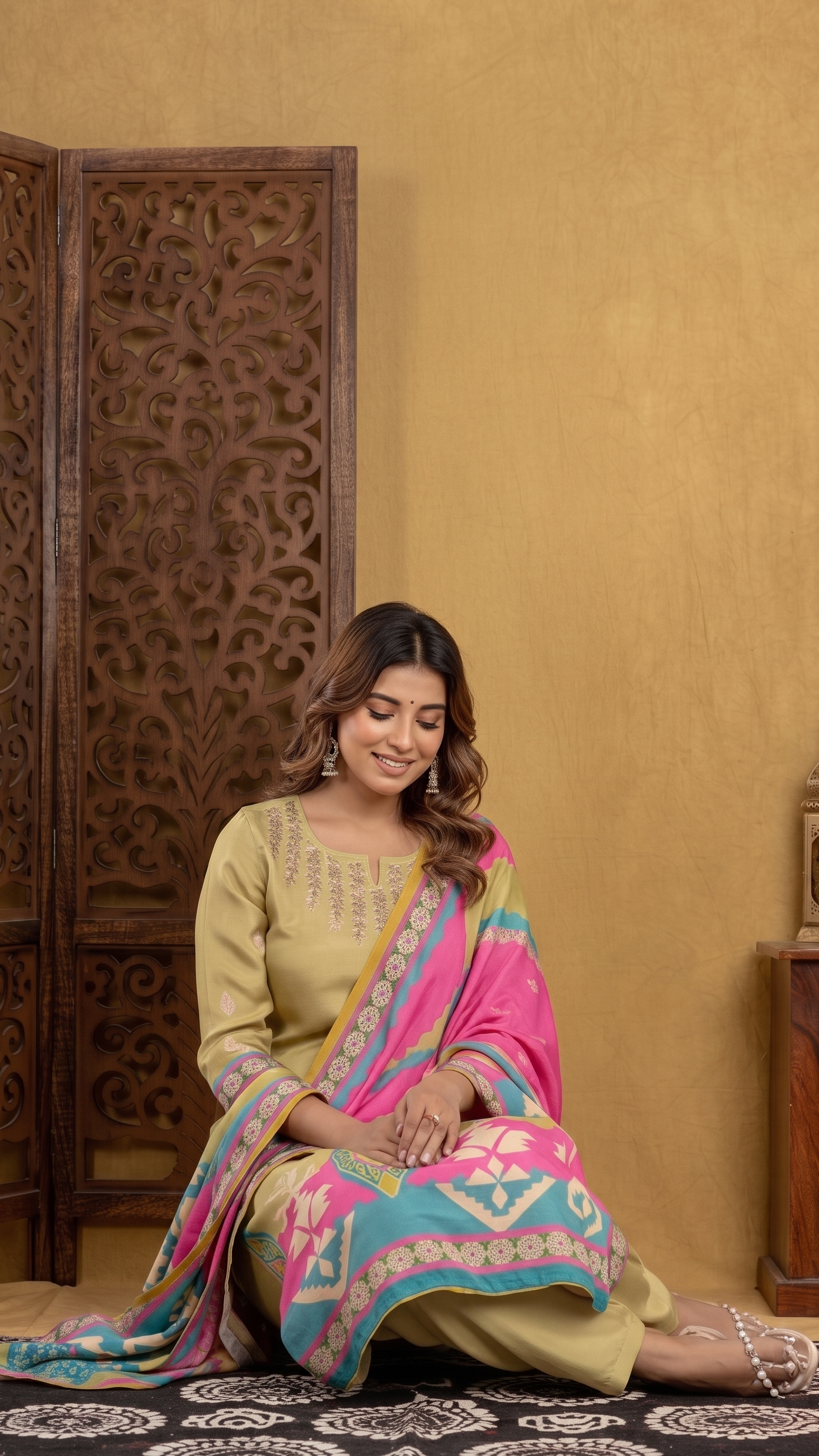 Vibrant Olive Green & Multi-Colour Printed Suit Set
