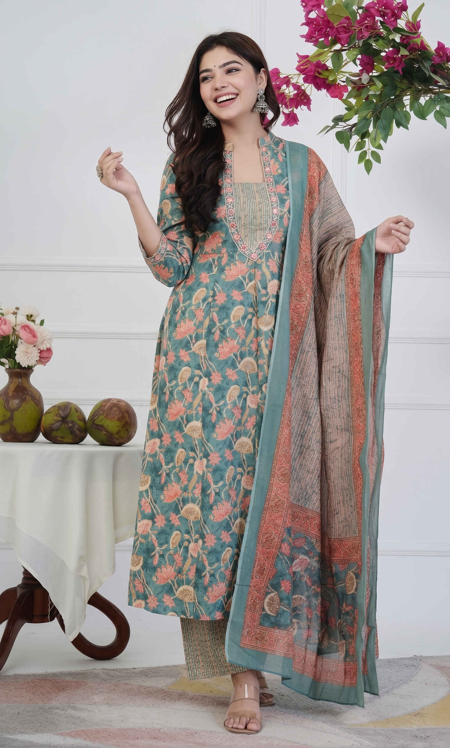 Teal & Peach Floral Printed A- Line Suit Set