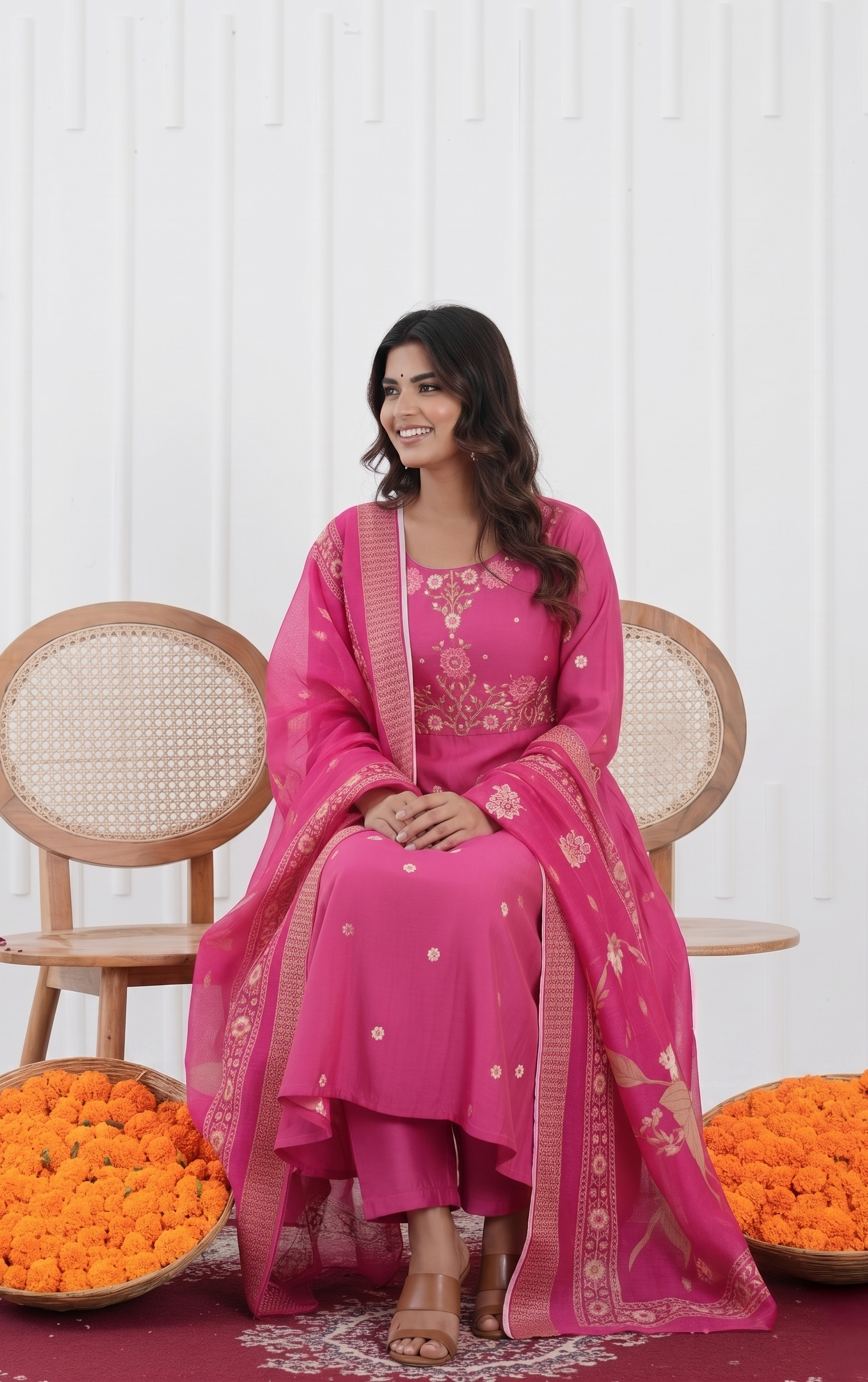 Rosy Pink Embroidered A-Line Suit Set
