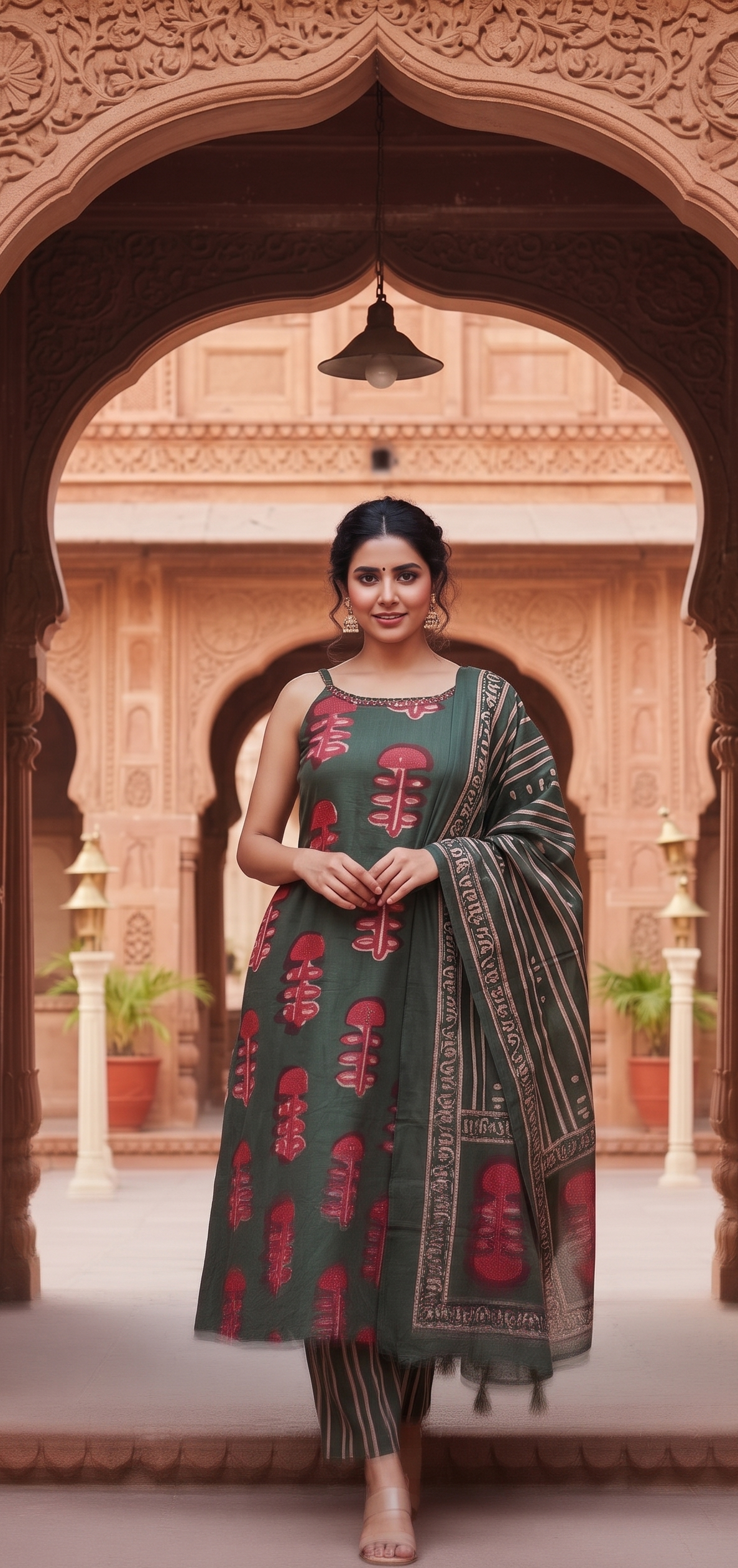 Bottle Green Block Printed Straight Kurta Suit Set