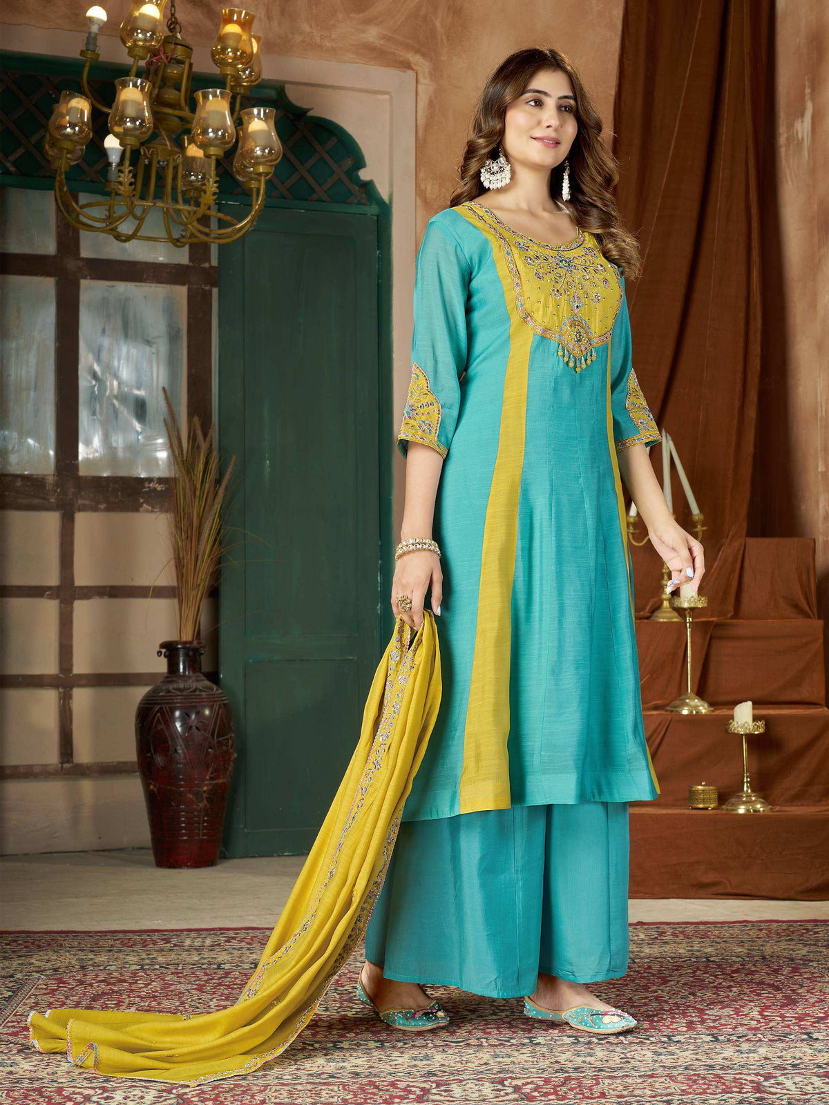 Turquoise & Mustard Embroidered Palazzo Suit Set