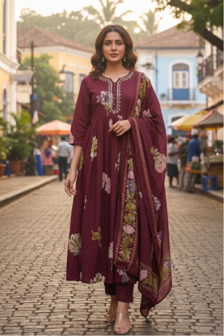 Deep Plum Grace Floral Embroidered Suit Set