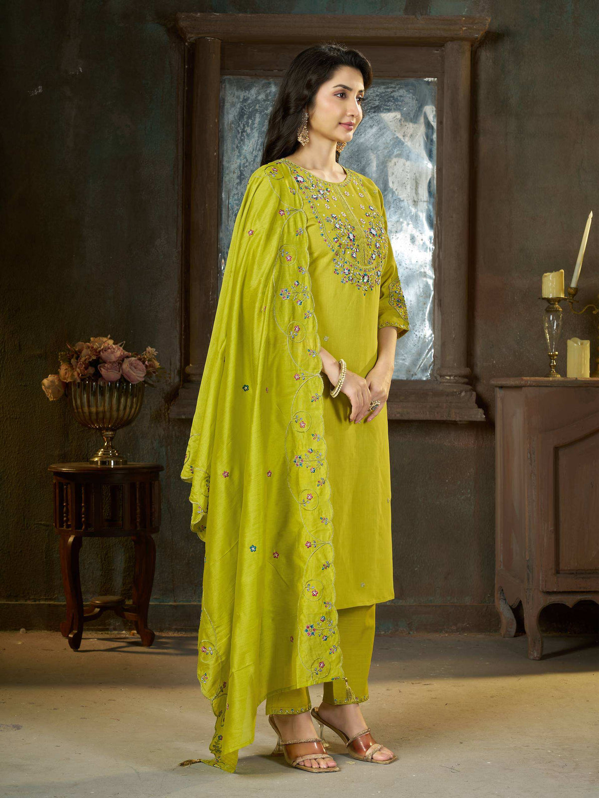 Lime Green Embroidered Straight Suit Set