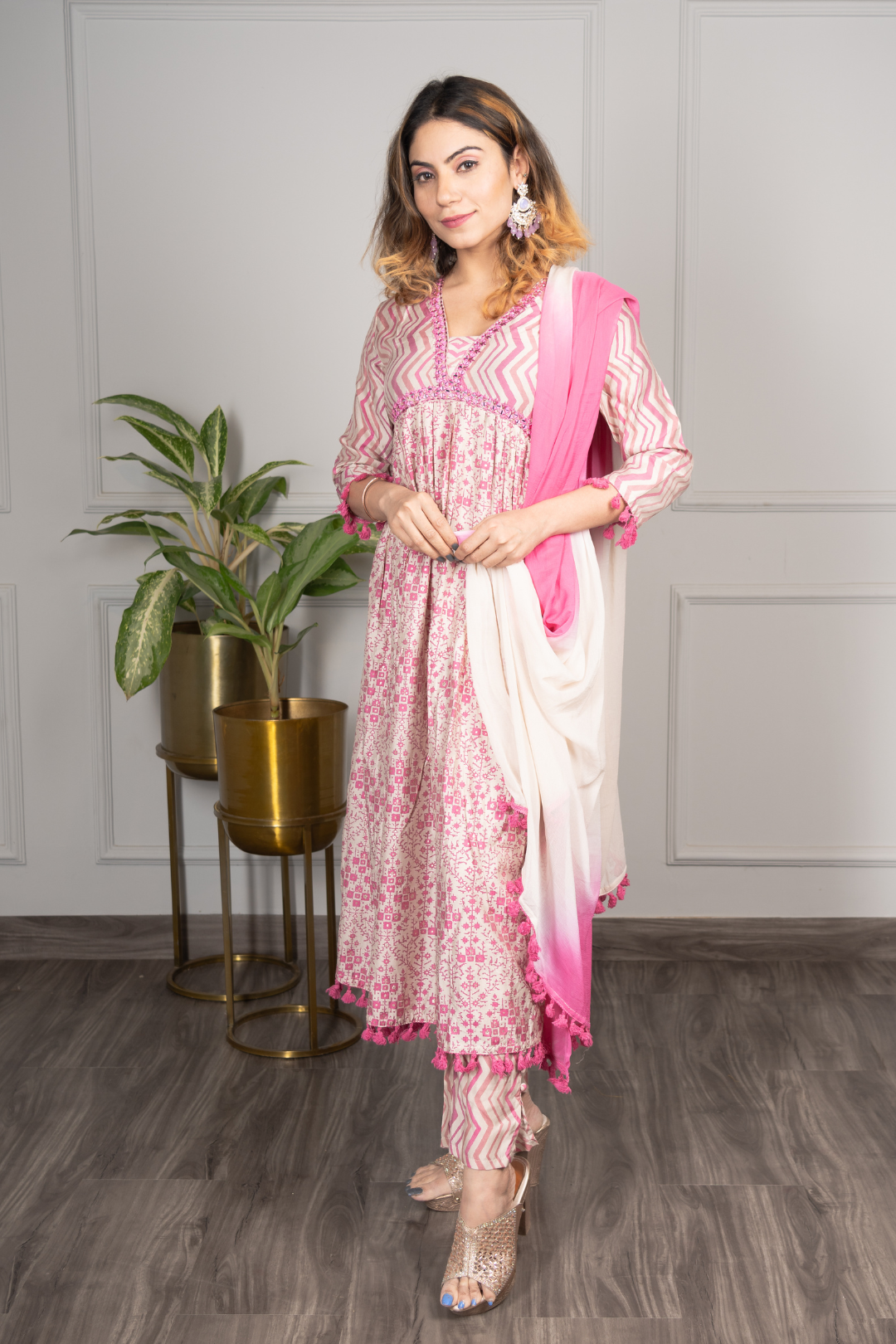Pink Mirror work Alia Cut Kurta with Dupatta and Salwar