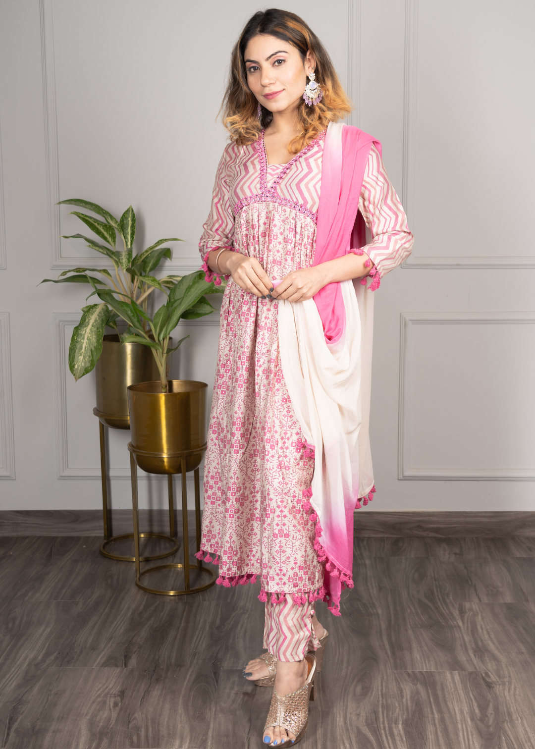 Pink Mirror Work Alia Cut Kurta With Dupatta And Salwar